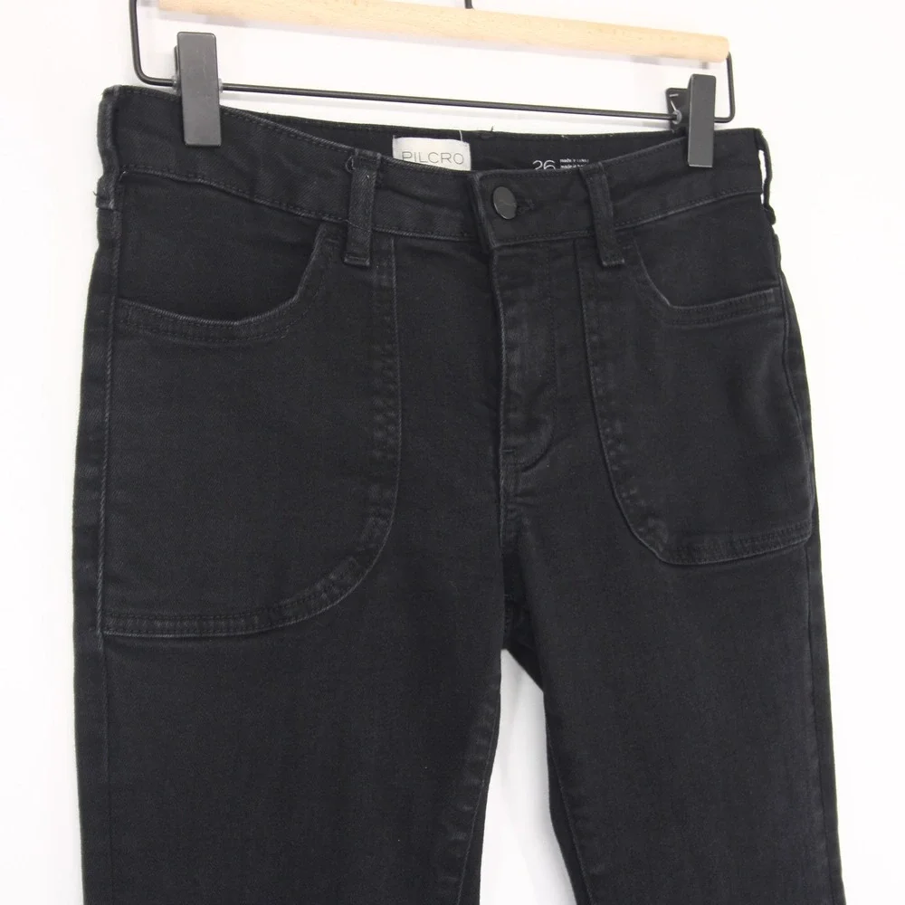 Pilcro The Icon Flare Jeans Womens 26 Black High Rise Patch Pockets Stretch